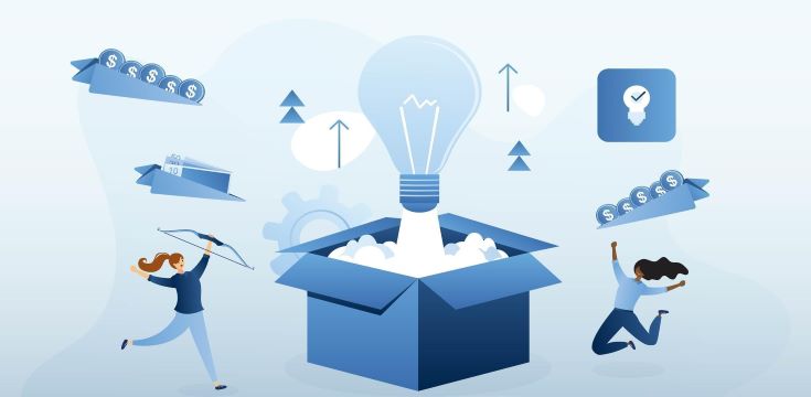 Two-women-entrepreneurs-jump-next-to-a-large-lightbulb-of-a-business-idea-taking-off-like-a-rocket.