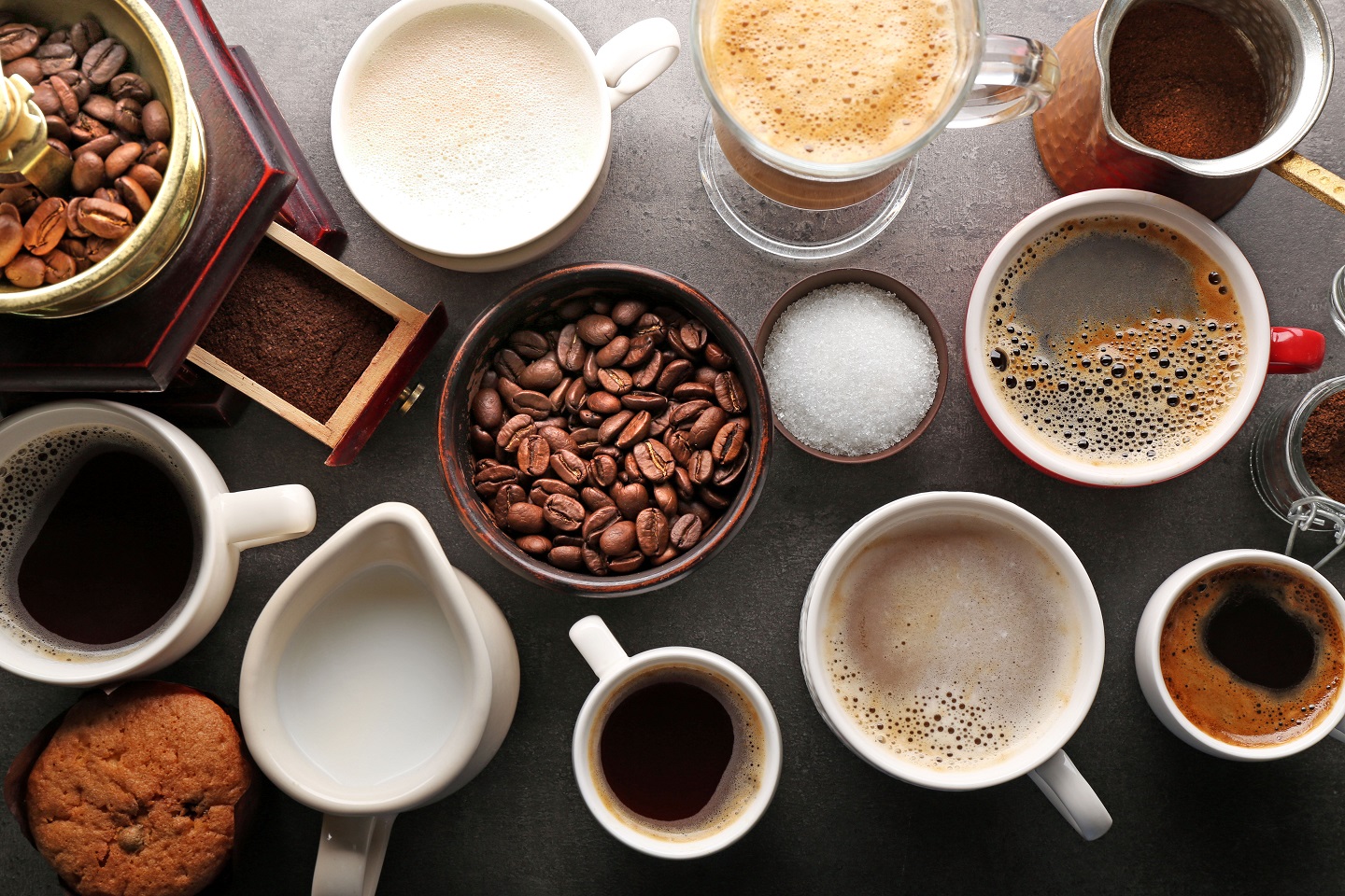 Different,Types,Of,Coffee,In,Cups,On,Dark,Table,,Top
