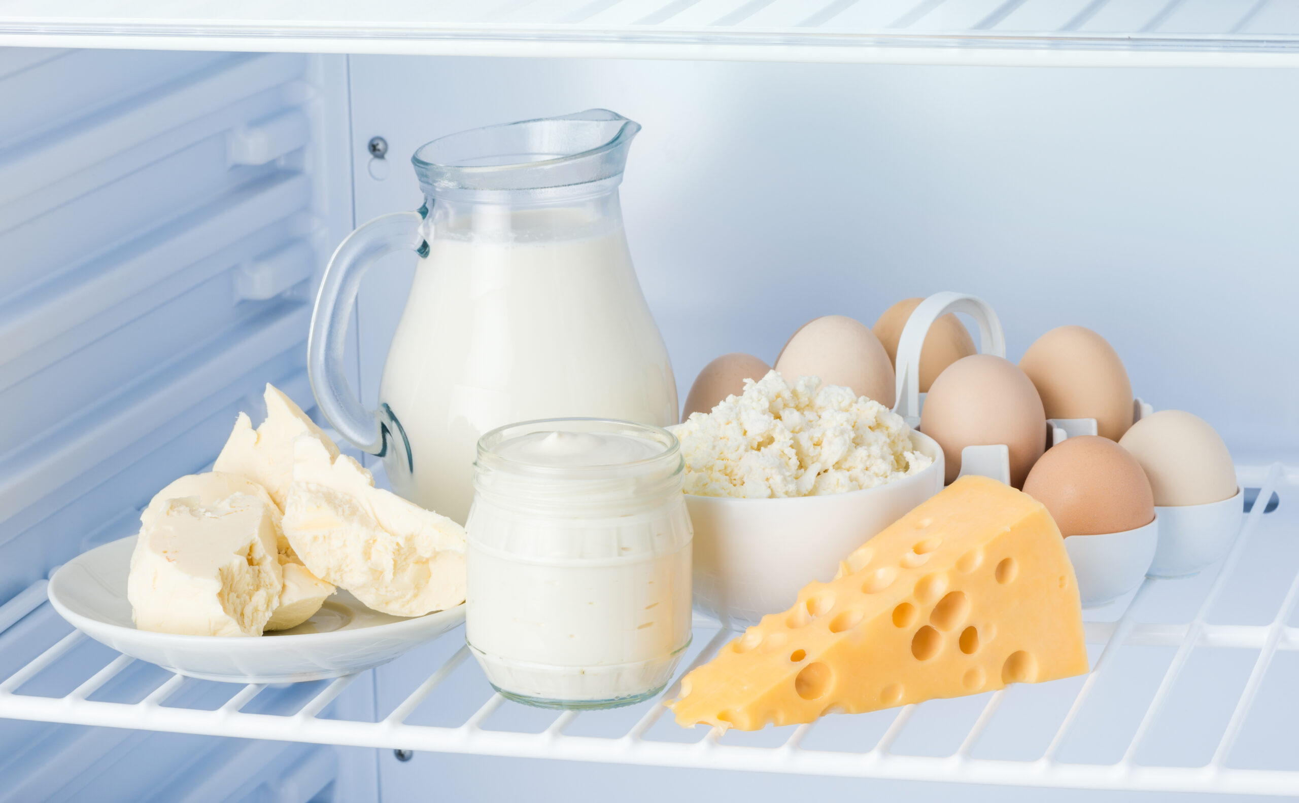 eggs and tasty healthy dairy products in the refrigerator: sour cream in the bank, cottage cheese in bowl, eggs, cheese, butter on a saucer and milk in a jar
