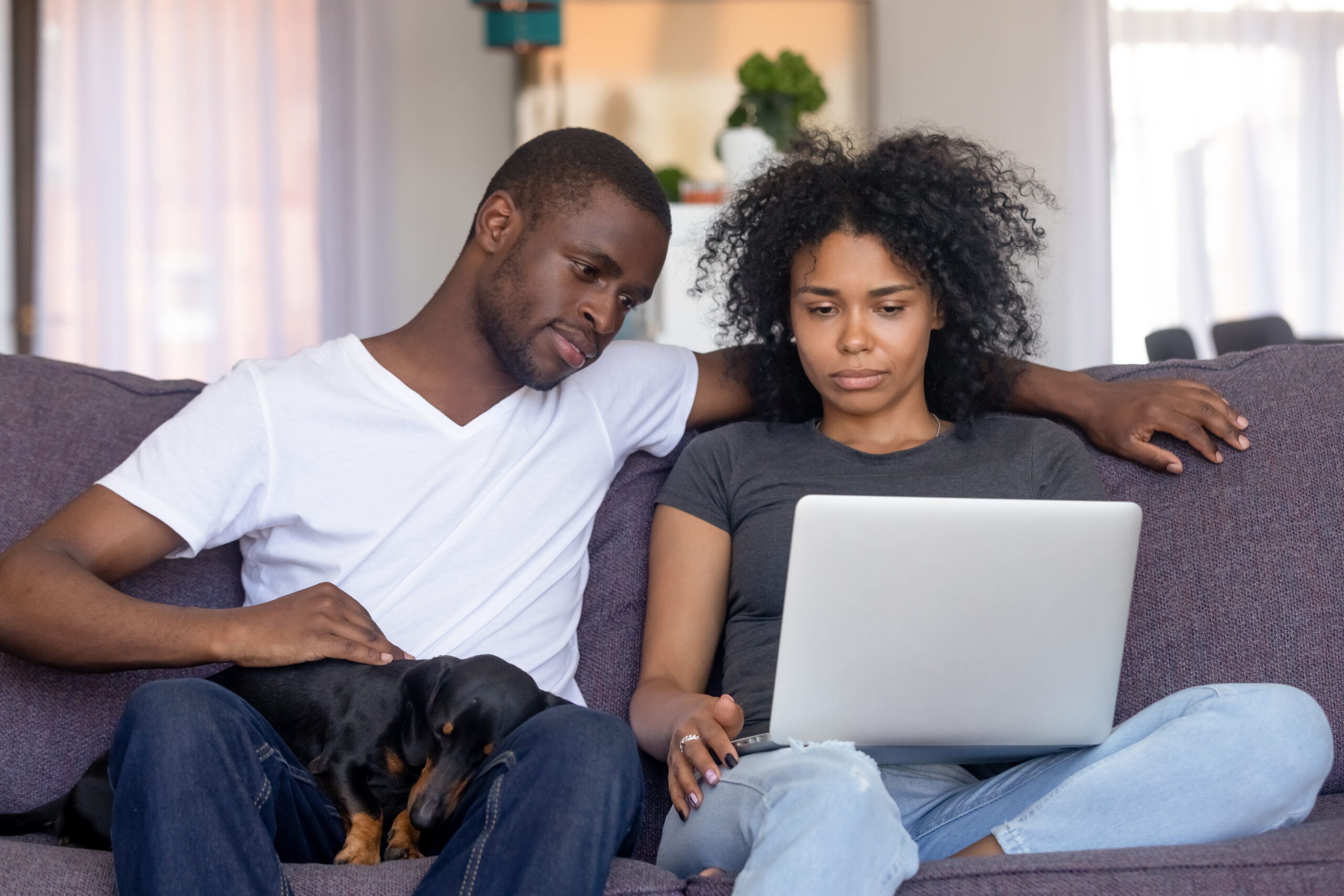 Serious African American man and woman using laptop at home, focused couple with dog sitting on cozy sofa on weekend, looking at screen, watching movie, shopping online, searching sale offers
