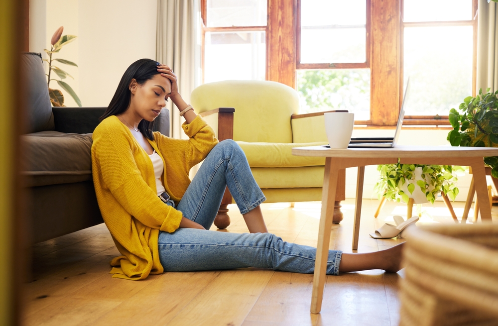 Stress,,Depression,Or,Burnout,Woman,With,Laptop,On,Living,Room