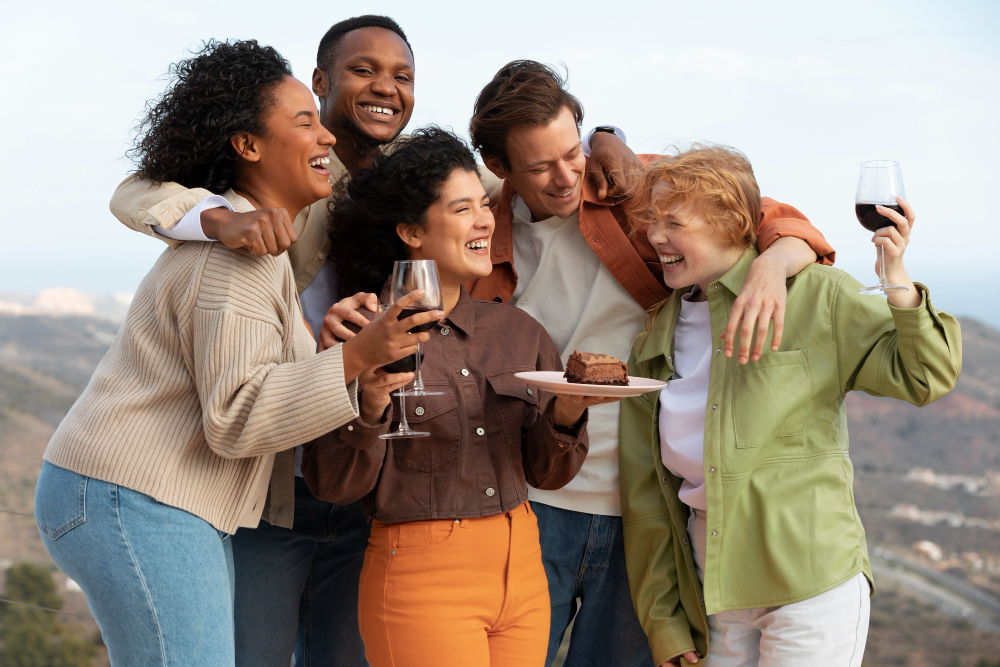 group-friends-posing-with-glasses-wine-cake-during-outdoor-party